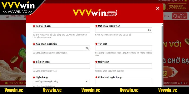 Bạn cần điền đúng thông tin vào form theo yêu cầu của nhà cái